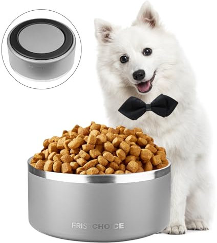 FristChoice Stainless Steel Dog Bowls with Non-Slip Rubber Bottom,Durable Insulated Dog Water Bowls for Meduim Large Dogs,Heavy Duty Metal Cold Pet Food Bowls,Rustproof,Dishwasher Safe (64oz,Grey)
