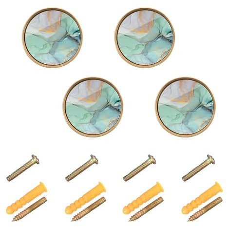 CHIFIGNO Marble Green Purple Tie Dye Grey 4 Pcs Kitchen Cabinet Knobs, Kitchen Drawer Pulls Gold Cabinet Door Knobs for Kitchen Bathroom Hardware, 32mm