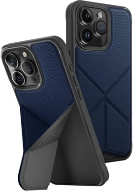 UNIQ Transforma iPhone 15 Pro Hülle (Solid Blue) | AiroGroove™ Eckstoßstangenschutz mit integriertem klappbarem Ständer & magnetischem Aufladen