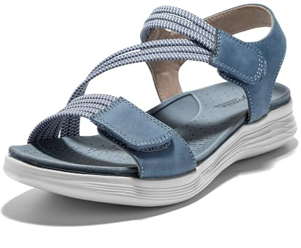JOMIX Sandalias Mujer Verano con Cordón Elástico Sandalias Planas Mujer con Banda Ajustable Plantilla Ortopédica Playa Piscina Mar, Azul, 38 EU