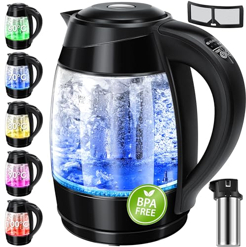KESSER® Wasserkocher 1,8L Edelstahl mit LED Beleuchtung-Farbe je nach Temperaturwahl 60, 70, 80, 90, 100 °C | Glaswasserkocher ink. Teesieb-Einsatz und Kalk-Filter | Warmhaltefunktion