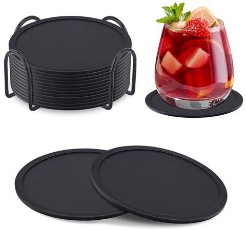 Geichan Silicone Coasters for Drinks,12PCS Black Coasters with Holder,Absorbent Drink Pads Protect Furniture,Rubber Coaster Mat for Coffee Beer Mug Wine Glass Home and Bar 