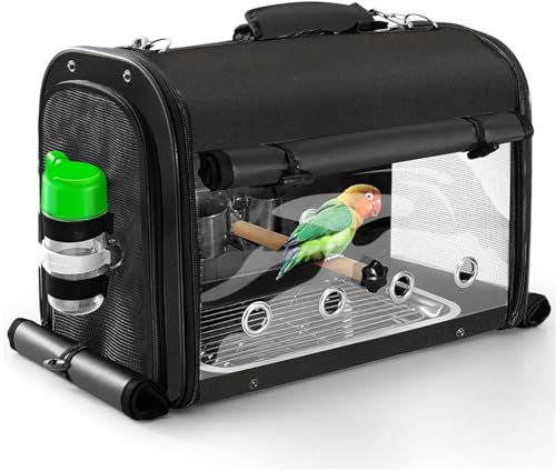 Suertree Borsa da viaggio per uccelli con supporto, zaino leggero per pappagallo, borsa da viaggio portatile per uccelli, gabbia da viaggio trasparente traspirante per animali domestici, nera, Nero