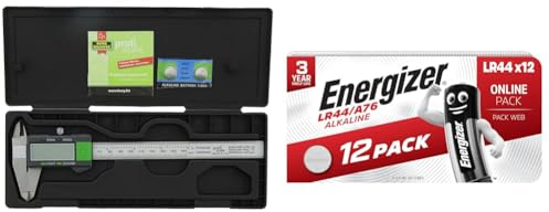 Burg-Wächter Digitaler Messschieber, Hochwertiger Messschieber & Energizer LR44/A76 Batterien, Alkaline Knopfzelle, 12 Stück Amazon Exklusiv