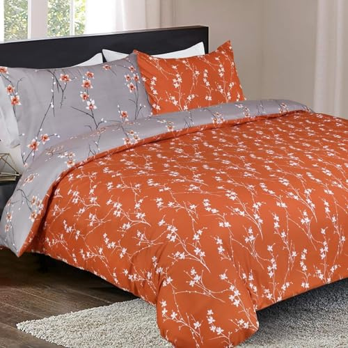 MOONLIGHT20015 Double Duvet Set 3 Piece – Rust Flower Bedding Set, Hypoallergenic Brushed Microfiber Quilt Cover, with 2 Pillowcases (200x200 CM)
