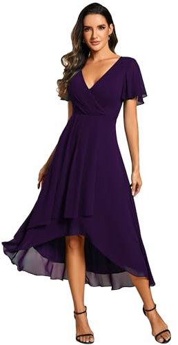 Ever-Pretty Abito da Ospite Scollo A V Maniche A Volant Gonna A Trapezio Abiti Cerimonia Donna Eleganti Viola Scuro 50