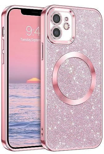 GaoBao for iPhone 12 Magnetic Case, Slim Fit iPhone 12 Phone Case [Compatible with MagSafe] Fashion Sparkle Luxury Shockproof Anti-Slip Women Girl Bling Phone Cover for iPhone 12 6.1, Glitter/Pink