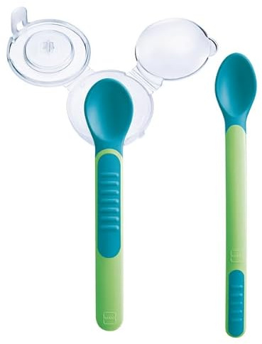 MAM Set de Cucharas Termosensibles con Tapa Protectora, Verde, 2 uds | Puntas Termosensibles, Suaves y Delicadas para el Paladar y Encías, Ayudan en la Transición a comer de forma independiente