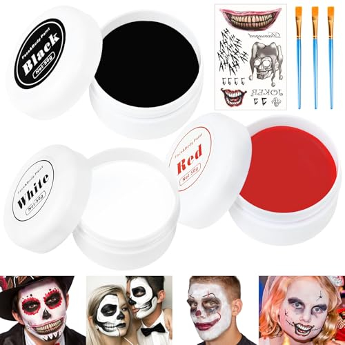 Halloween Schminke Set, Theaterschminke für Zombies, Vampire, Monster, Halloween Make up, mit 100g 3-Farben Weiß Schwarz Rot, 3 Schminkpinsel, Clown-Motiv Sticker, für Cosplay, Fasching, Karneval