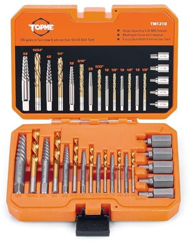 Topme Juego de 19 extractores de tornillos y brocas de mano izquierda, kit extractor de tornillos fácil de sacar con broca inversa de acero HSS, extractor de tornillos pelados para quitar tuercas