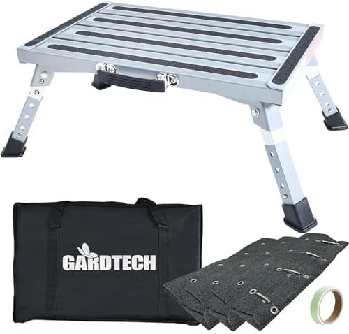 GARDTECH Wohnwagen Trittstufe mit Teppich, Aluminium Klapptritt Max Belastung 150 kg Höhenverstellbar für Caravan Wohnmobil SUV, Camping Bus oder als Home Fußhocker, mit Leuchtstoffstreifen und Tasche