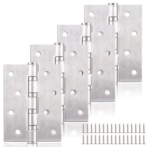 ASelected Lot de 4 charnières de porte pliables en acier inoxydable pour bois, charnières de porte chromées, charnières à roulement à billes robustes avec 32 vis pour portes en bois, fenêtres,