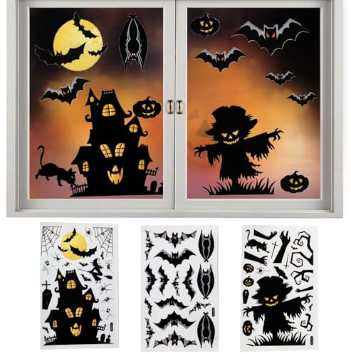 3 Fogli Adesivi Finestra Halloween Decorazioni Casa Stickers, Decorazioni Halloween Casa, Halloween Adesivi Stickers, Pipistrelli Zucca Ragni Adesivi Decorativi per Porta Finestre di Halloween