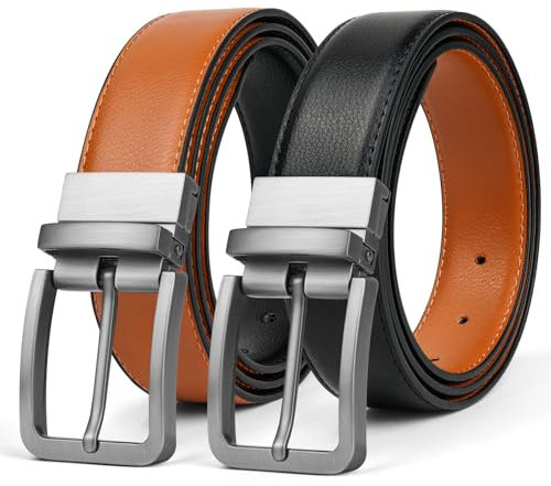 AUYAO Cinturones Hombre, 110cm Cinturón Reversible Hombre, Cinturón Hombre Cuero con Hebilla Giratoria, Cinturon Hombre Tamaño Ajustable para Traje Jeans Trabajo Casual y Negocios