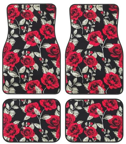 Lot de 4 tapis de voiture universels avec imprimé jardin de roses rouges