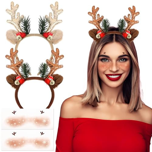 2pcs Bandeaux de Cerf Noël Serre-tête Renne à Paillettes + 2pcs Tatouages de Visage pour Adultes Enfants Décorations de Fête