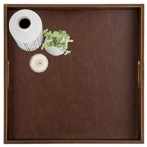 Hanobe Serving Wooden Tray Large: Square Ottoman Decorative Leather Trays with Handles for Living Room - Modern Wood Platter over Coffee Table Footstool Extra XXL Brown 50cm
