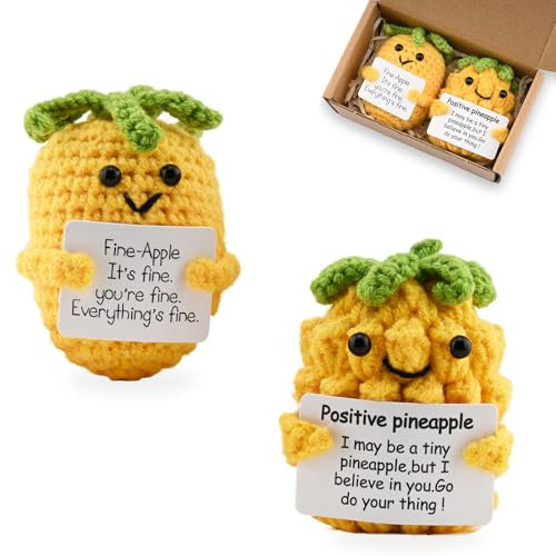 YoHyien Positive Ananas Kuscheltier, Lustig Pocket Hug Ananas mit Geschenkbox-Verpackung, Mutmacher Glücksbringer, Mini Emotional Support Strickpuppe, Motivationsgeschenke für Frauen, Freundin, Freund