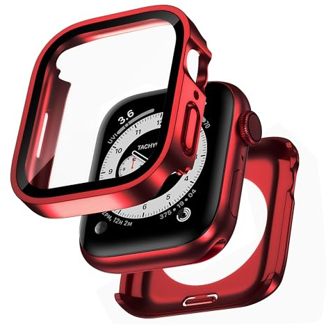 Kawoco 2 in 1 Wasserdichtes Hülle für Apple Watch Series 9/8/7 41mm | Eingebaut Kratzfest Gehärtetes Glas Schutzfolie, HD Hochempfindliche Schutzhülle, Rot