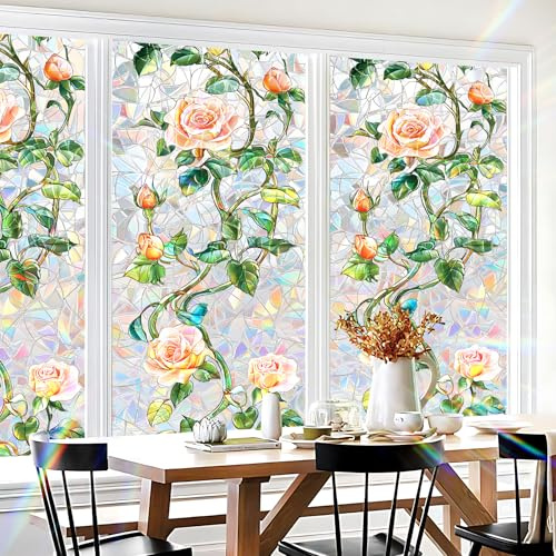 Stained Glass Window Film Privacy Decorative – Colorful Leaf Frosted Static Cling Vinyl, No Glue, UV Blocking, Heat Control,Tint for Home Office Bathroom, 17.7 x 39.4 Inches (1, Pink Rose)