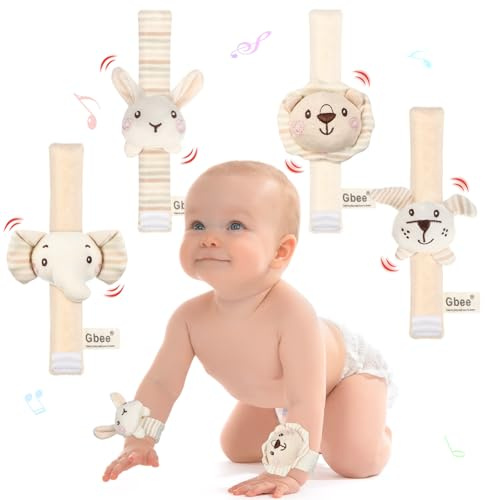 Wovnet 4 Pieces Baby Wrist Rattles Animal Cotton,Rabbit Dog Lion Elephant