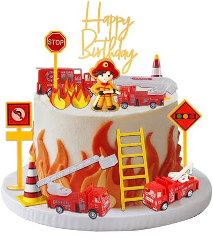 Feuerwehrmann Kuchendeko, Feuerwehrmann Figuren, Feuerwehrauto Kuchen Dekoration, Fireman Tortendeko, Feuerwehrmann Tortendeko, für Kindergeburtstage und Thema Party (B)