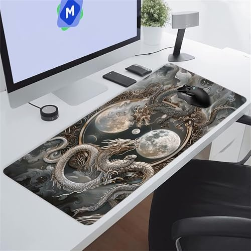 Alfombrilla Ratón XXL 600x300x3 mm Mouse Pad Grande Alfombrilla Escritorio Antideslizante con Bordes Cosidos Alfombrilla de Ratón Gaming para Jugadores PC Oficina (Dragones Yin Yang)