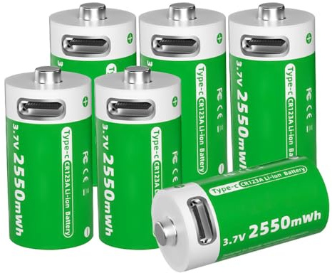 Batteria Al Litio CR123A da 2550mWh 6 Pezzi Batterie Ricaricabili USB-C 3,7V Compatibili con Fotocamere VMC3030 VMK3200 VMS3330 3430 3530, Torcia, Microfono, Oltre 600 Cicli