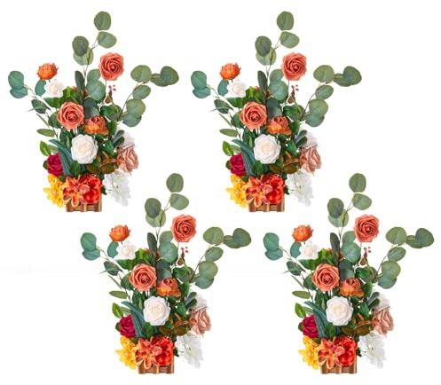 VEVOR Standing Artificial Flowers Arrangements 4 PCS, 17.5-Inch Tall Faux Flower Decorations for Wedding Aisle Runner Chair, Orange Floral Centerpieces for Ceremony Reception Party Outdoor Decor