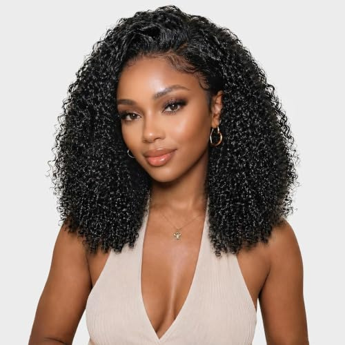 22 Inch Half Wig Human Hair 200 Densité Kinky Curly 3 In 1 Seamless Flip Over Perruque Femme Naturelle Brésilien Glueless Wigs Human Hair with Drawstring Beginner Friendly Headband Wig for Women