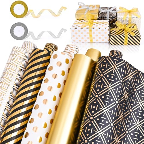 HOMIKLSA Papier Cadeau Noir et Doré, 5 Rouleaux, Motifs Élégants | 43 cm x 3 m par rouleau, 5 motifs en noir, blanc et doré avec ruban pour anniversaire, mariage et fête