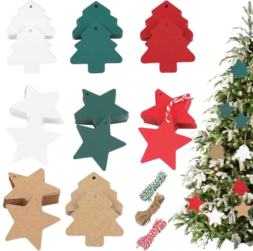 CHIHOLEN 160 Stück Kraftpapier-Geschenkanhänger, Weihnachtsanhänger mit Schnur, Weihnachtsbaum- und Sternanhänger, Weihnachts-Etiketten für Bastelarbeiten, Geschenke