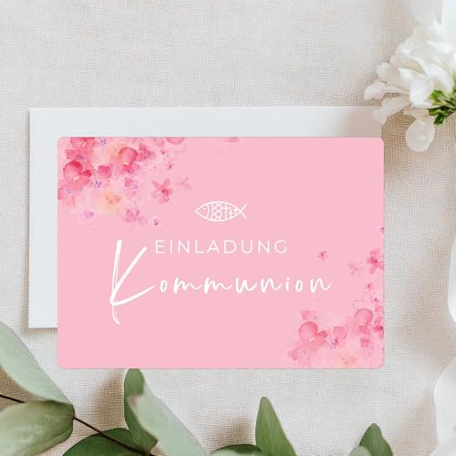 Lilly Braun Einladungskarten Kommunion – Set aus 10 Karten & Umschlägen | modern & liebevoll gestaltet | hochwertige 280g Postkarten | ideal für Mädchen & Jungen (Kommunion rosa)