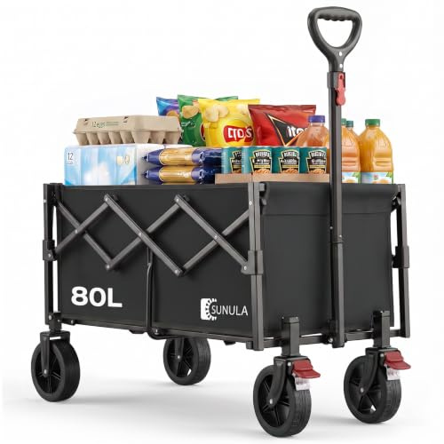 SUNULA Bollerwagen Faltbar Klein 80L, Handwagen Geländegängig mit Bremsen | Leichter Faltbollerwagen mit halbiertem Eigengewicht, Faltbarer Handwagen 100KG, ideal für Einkauf, Camping, Garten, Dunkel