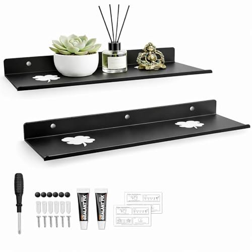 DRAKEWOOD 2 Pièces 40cm Etagere Flottante Murale Noir Murale sans Percage | Etroite Rectangulaire Tablette Murale Metal étagère pour Salle de Bain Cuisine Chambre Salon Bureau - Montage par Vis/Adhésif