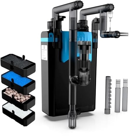 FZONE Aquarium-Rückfilter, 4-stufiger Kochfeldfilter für Mini- und Nano-Desktop-Tanks, Einstellbarer Durchfluss, 198 GPH mit Regenfall, Entenschnabel, direktem Durchfluss.(L)