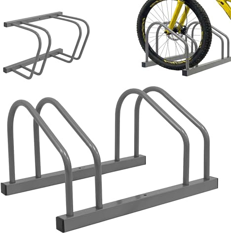 Relaxdays Fahrradständer Boden & Wandmontage, 2 Räder, bis 65 mm Reifenbreite, Garage & Hof, Reihenparker, Stahl, Silber