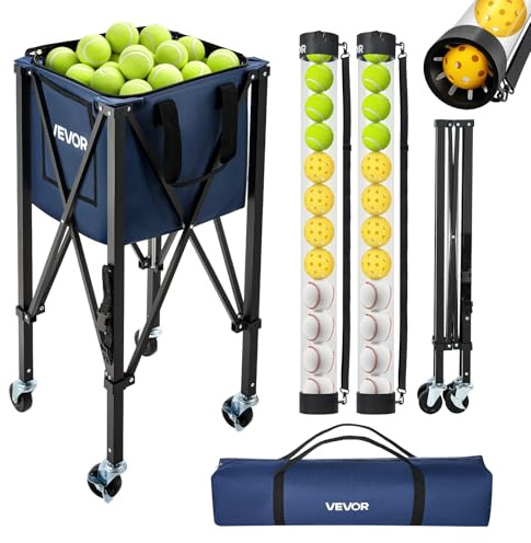 VEVOR Panier à Balles de Tennis et Pickleball 2-en-1 avec roulettes, Capacité de 150 Balles de Tennis ou 260 Pickleballs, Chariot Pliable avec Tube de Ramassage, Panier Portable pour Entraînement