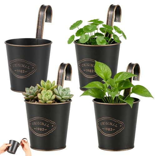 Kuanght 4 Pcs Metal Hanging Flower Pots, Large Hanging Plant Pots with Detachable Hook and Bottom Drainage Hole, Easy to Use Over Fence Planter for Balcony, Patio, Garden and Home Decor(Black)
