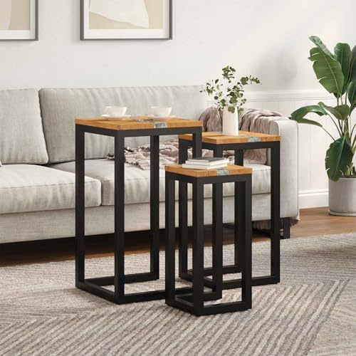 Sinkzol Lot de 3 tables gigognes rectangulaires marron en teck massif avec cadre en acier, peu encombrantes, rectangulaires, pour salon, table d'appoint, table basse, table de rangement, meuble