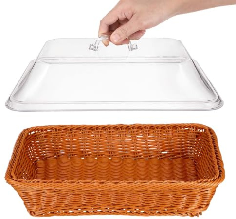 Panier Tressé Imitation Rotin avec Couvercle, Plastique Acrylique, Carré