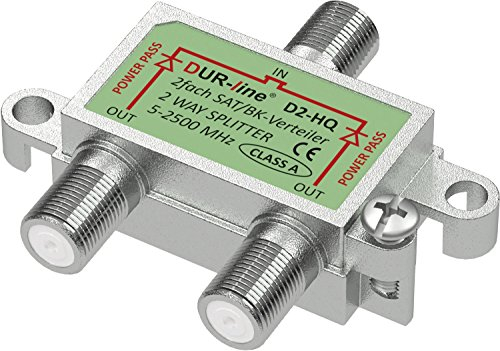 DUR-line SAT & BK-Verteiler HQ - 2-Fach Splitter - voll geschirmt - Unicable & HD tauglich D3-HQ - für Satelliten-Anlagen(DVB-S2) - BK - UKW Radio - DC-Durchlass - TV Antennen Fernseh Verteiler