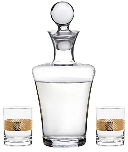 3 Piece Decanter Gift Set - 1L Contemporary Curved Carafe Jug with Stopper & 2 Gold Band Whisky Glasses Glassware Gift Set