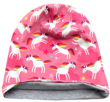 Wollhuhn ÖKO Jungen/Mädchen Bequeme Weiche Long Beanie/Mütze/Beanie-Mütze/Strickmütze/Kindermütze Jersey Gefüttert Übergangszeiten (Öko-Stoffe/Bio)… (Happy Unicorn/Einhörner Pink/Rosa, M)