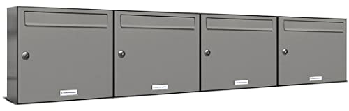 AL Briefkastensysteme 4er Briefkastenanlage Aluminiumgrau RAL 9007, Premium Briefkasten DIN A4, 4 Fach Postkasten modern Aufputz