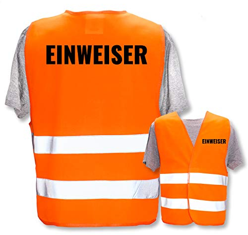 Bedruckte Warnwesten mit ISO-Leuchtstreifen * Standard- oder Reflex-Druck * Thema Sicherheit & Team, Warnweste Begriffe Security:Einweiser, Farbe + Größe:Orange (3XL/4XL)