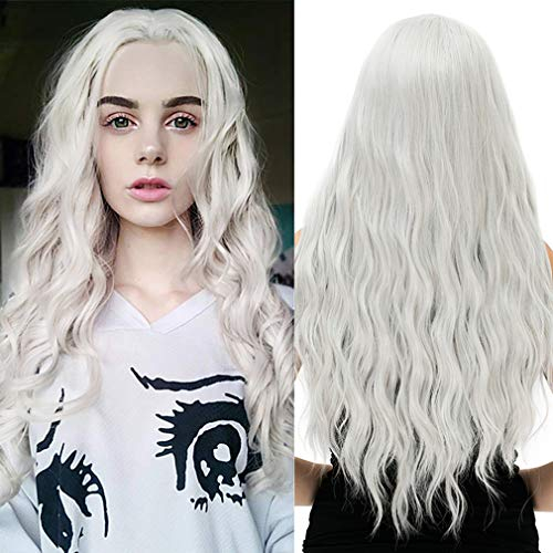 ATAYOU Lange Grau Weiß Synthetische Perücke Für Damen Cosplay Fashion Halloween Mit 1 Perücke Kappe (Grau Weiß#457）