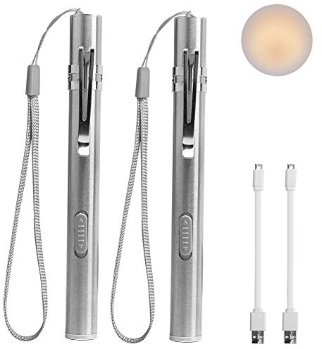 LEAGY 2 Paquetes Bolígrafo de Luz, luz médica, luz de pluma de enfermera, linterna LED recargable por USB, acero inoxidable con clip de bolsillo y cordón para cuidado personal, iluminación