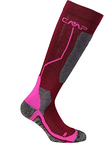 CMP - Calza da sci per bambini in lana, Burgundy-Pink Fluo, 34/36