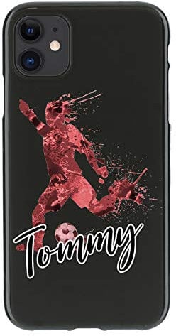 Personalised Phone Case For Apple iPhone 16, 15, 14,13, 12, 11, Pro Max, Mini, XR, XS, SE Light Red Marble Football Phone Case with Name on Soft Black Gel TPU Phone Cover